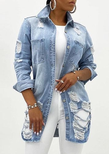 Hollow Out Ripped Hole Pocket Denim Coat - Light Blue - unsigned - Modalova