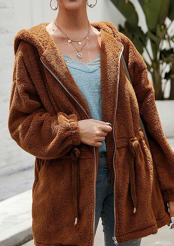 Winter Warm Drawstring Pocket Zipper Hooded Coat - Light Brown - unsigned - Modalova