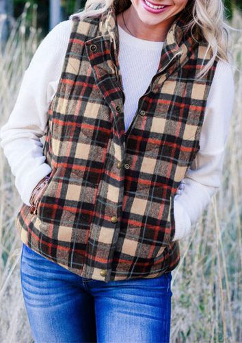 Winter Warm Plaid Button Pocket Sleeveless Vest Coat - unsigned - Modalova