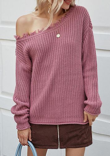 Tassel Edge Slash Neck Pullover Sweater - Light Purple - unsigned - Modalova