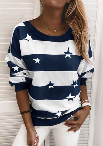 Star Striped Splicing Sweatshirt - Navy Blue - unsigned - Modalova