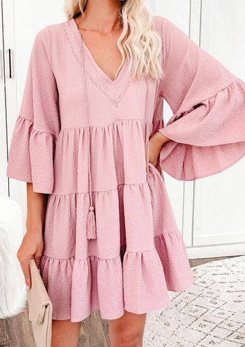 Ruffled Tassel Flare Sleeve Mini Dress - Pink - unsigned - Modalova
