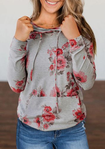 Floral Kangaroo Pocket Pullover Hoodie - Gray - unsigned - Modalova