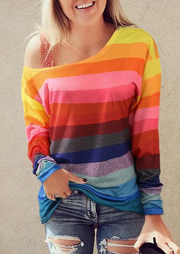 Colorful Striped Long Sleeve Slash-Neck Blouse - unsigned - Modalova