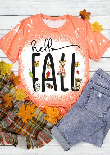 Hello Fall Maple Leaf Bleached T-Shirt Tee - Orange - unsigned - Modalova