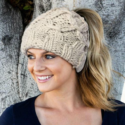 Winter Warm Stretch Bun Beanie Knitted Hat - unsigned - Modalova