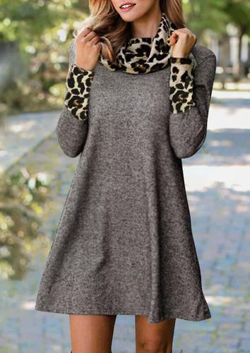 Leopard Splicing Turtleneck Mini Dress - Gray - unsigned - Modalova