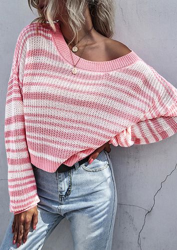 Striped Knitted O-Neck Sweater - Pink - unsigned - Modalova