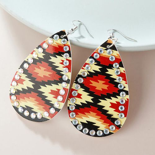 Aztec Geometric Rhinestone Water Drop PU Leather Earrings - unsigned - Modalova
