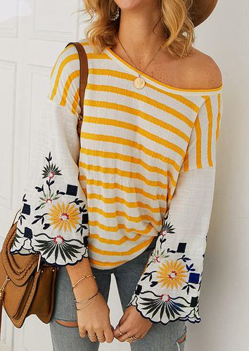 Striped Floral Splicing Flare Sleeve Blouse - White - unsigned - Modalova