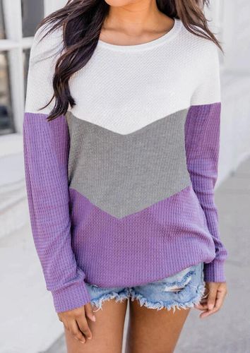 Color Block Long Sleeve Knitted Sweater - Purple - unsigned - Modalova
