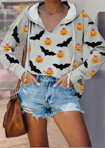 Halloween Pumpkin Face Bat Drawstring Hoodie - Gray - unsigned - Modalova
