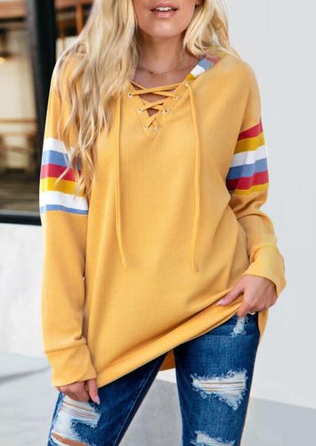 Colorful Striped Lace Up Pullover Hoodie - Yellow - unsigned - Modalova