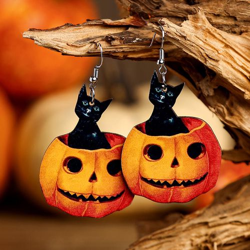 Halloween Black Cat Pumpkin Face Wooden Earrings - unsigned - Modalova