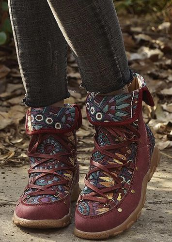 Floral Splicing Lace Up Round Toe Boots - Burgundy - unsigned - Modalova