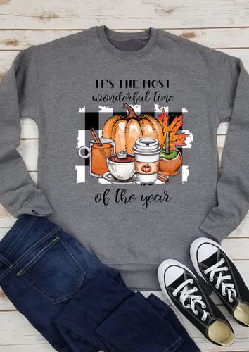 Thanksgiving Pumpkin Maple Leaf Plaid Letter Sweatshirt - Gray - unsigned - Modalova