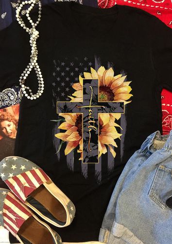 Sunflower Cross Faith American Flag Star T-Shirt Tee - Black - unsigned - Modalova