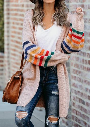 Colorful Striped Splicing Knitted Sweater Cardigan - Light Pink - unsigned - Modalova