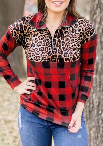 Buffalo Plaid Leopard Splicing Zipper Collar Pullover Sweatshirt - unsigned - Modalova