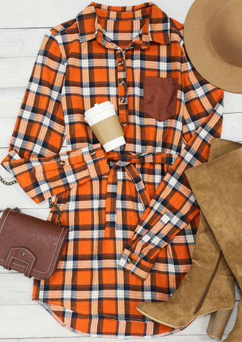 Plaid Pocket Button Long Sleeve Mini Shirt Dress - Orange - unsigned - Modalova