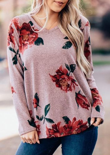 Floral Splicing V-Neck Long Sleeve Blouse - Cameo Brown - unsigned - Modalova