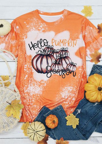 Thanksgiving Hello Pumpkin Season Bleached T-Shirt Tee - Orange - unsigned - Modalova