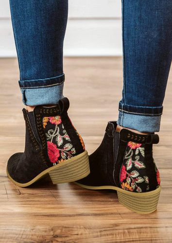 Floral Splicing Chunky Heel Ankle Boots - Black - unsigned - Modalova