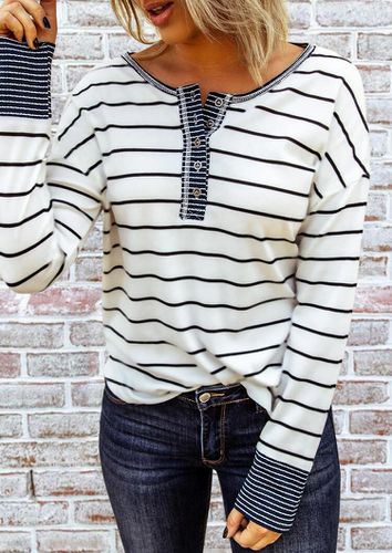 Striped Splicing Button Long Sleeve Blouse - White - unsigned - Modalova