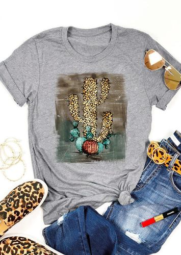 Leopard Cactus O-Neck T-Shirt Tee - Gray - unsigned - Modalova