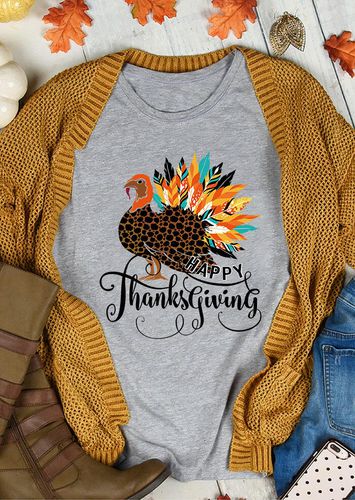 Happy Thanksgiving Leopard Turkey Colorful Feather T-Shirt Tee - Gray - unsigned - Modalova