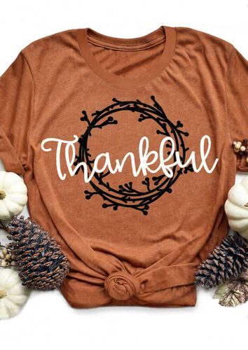 Thanksgiving Thankful Letter Graphic O-Neck T-Shirt Tee - Brown - unsigned - Modalova