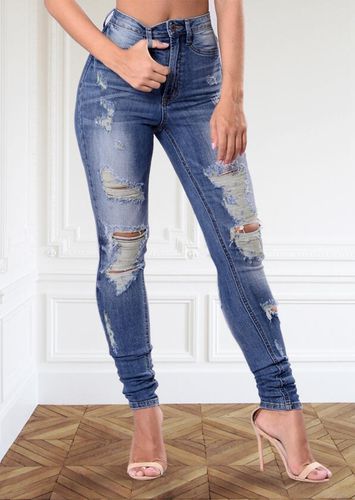 Hollow Out Ripped Pocket Zipper Button Denim Jeans - Blue - unsigned - Modalova