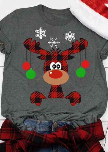 Christmas Plaid Reindeer Snowflake T-Shirt Tee - Dark Grey - unsigned - Modalova