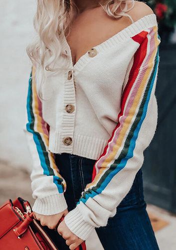 Colorful Striped V-Neck Long Sleeve Sweater - White - unsigned - Modalova