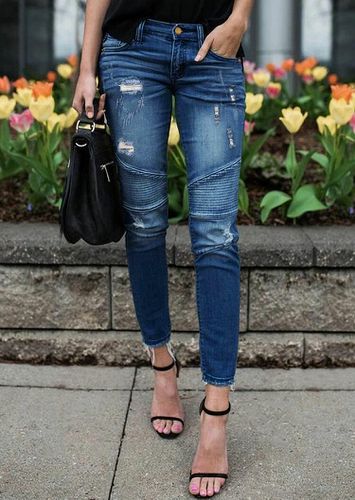 Ripped Hole Pocket Ruffled Denim Jeans - Blue - unsigned - Modalova