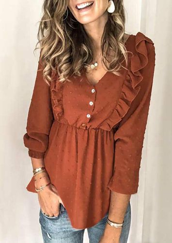 Ruffled Dotted Swiss Button V-Neck Blouse - Brown - unsigned - Modalova