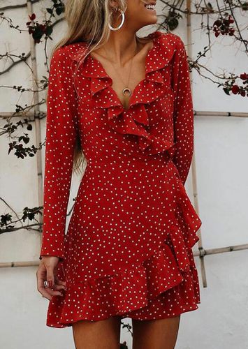 Polka Dot Ruffled Wrap V-Neck Mini Dress - Red - unsigned - Modalova