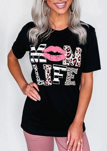 Leopard Mom Life Lips T-Shirt Tee - Black - unsigned - Modalova