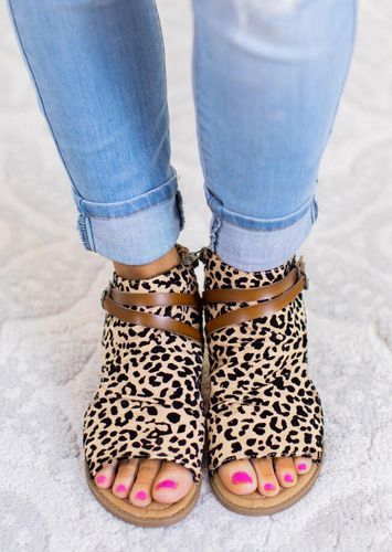 Leopard Printed Zipper Peep Toe Flat Sandals - unsigned - Modalova