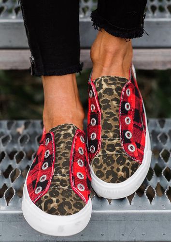 Buffalo Plaid Leopard Splicing Flat Canvas Sneakers - unsigned - Modalova