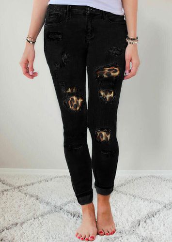 Ripped Leopard Patch Pocket High Waist Skinny Jeans - Black - unsigned - Modalova