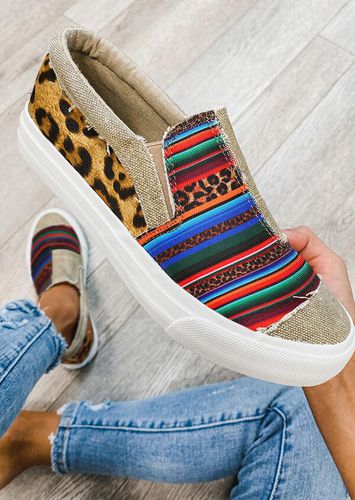 Leopard Serape Striped Splicing Flat Canvas Sneakers - unsigned - Modalova