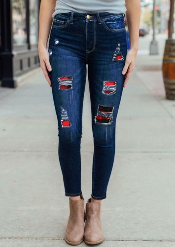 Buffalo Plaid Splicing Ripped Patch Pocket Jeans - Blue - unsigned - Modalova