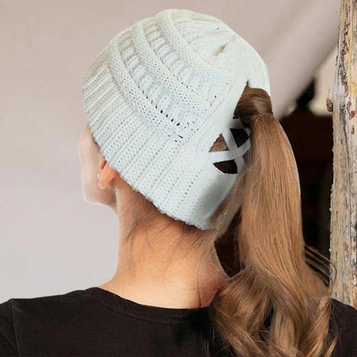 Winter Warm Criss-Cross Knitted Ponytail Beanie Hat - unsigned - Modalova
