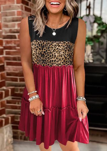 Leopard Color Block Ruffled Mini Dress - Bellelily - Modalova