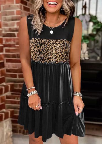 Leopard Color Block Ruffled Mini Dress - Bellelily - Modalova