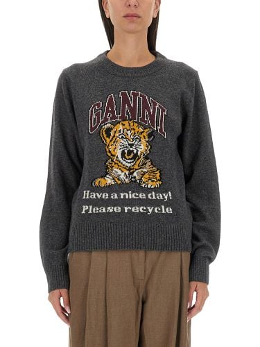 Jersey with logo embroidery and tiger - ganni - Modalova