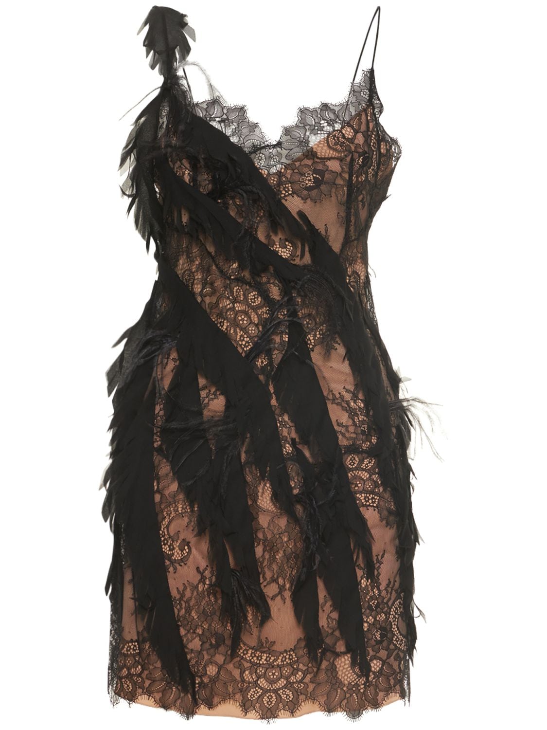 Lace & Feather Mini Dress - ALBERTA FERRETTI - Modalova