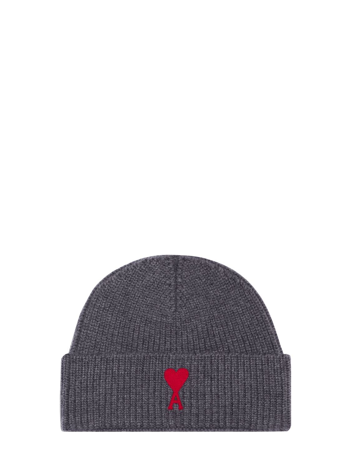 Logo Heart Patch Wool Knit Hat - AMI PARIS - Modalova