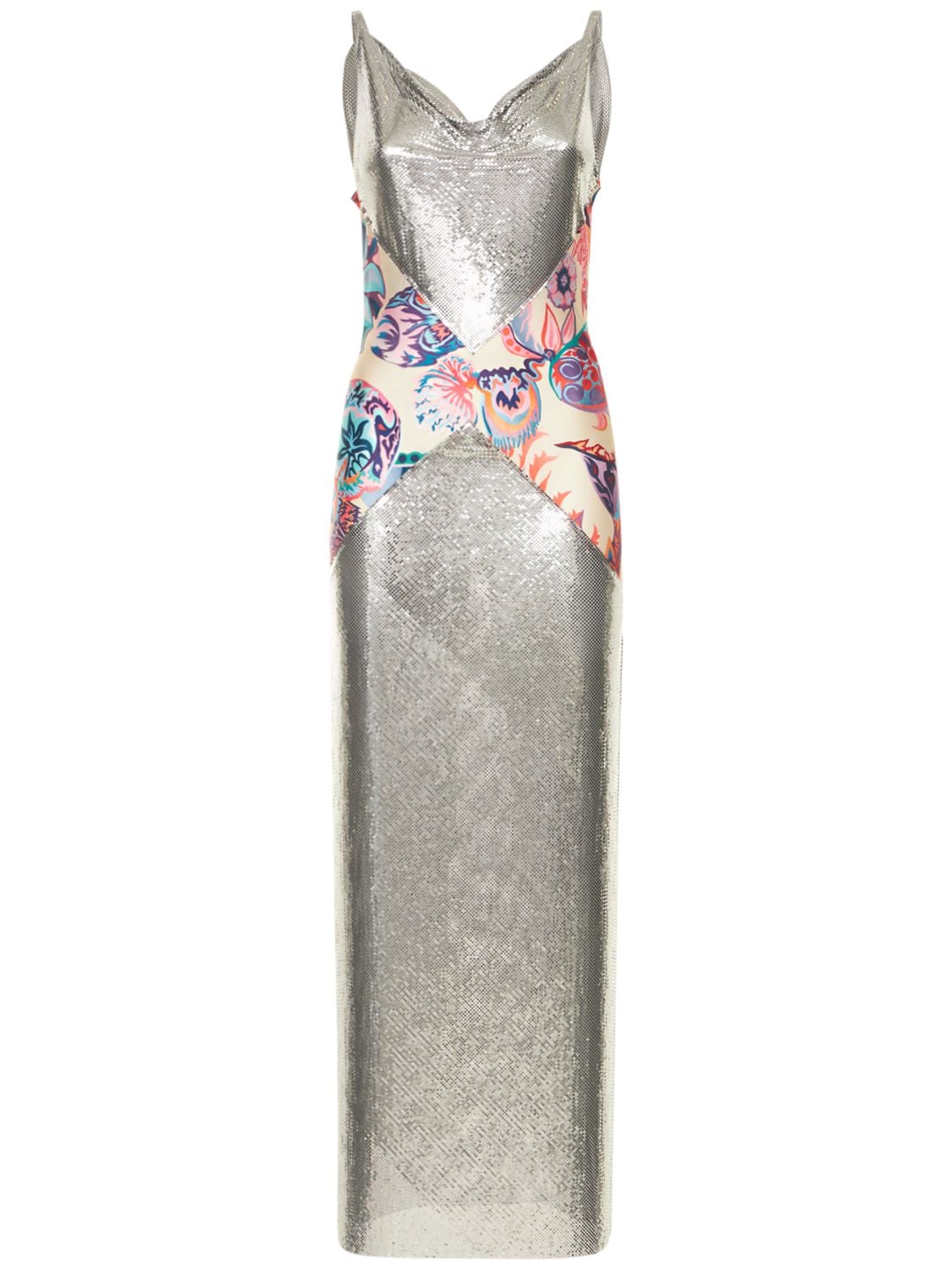 Mesh & Printed Jersey Long Dress - PACO RABANNE - Modalova